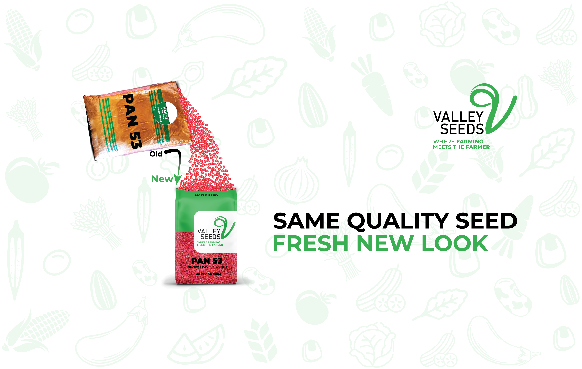 Packaging Change message from the old brown bag to the new Valley Seeds green bag.